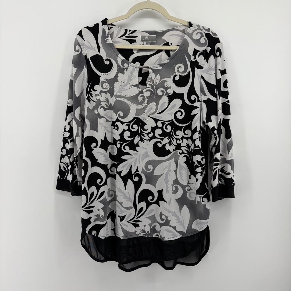 JM Collection Womens Large Black Floral Paisley 3/4 Sleeve Mesh Hem Tunic Top